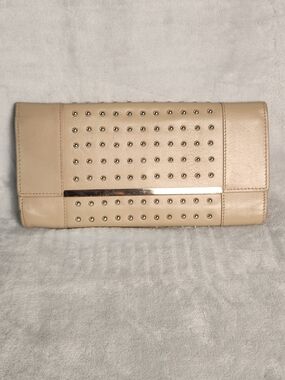 Danier Beige Studded Leather Clutch | Genuine Leather | Neutral Chic Evening Bag